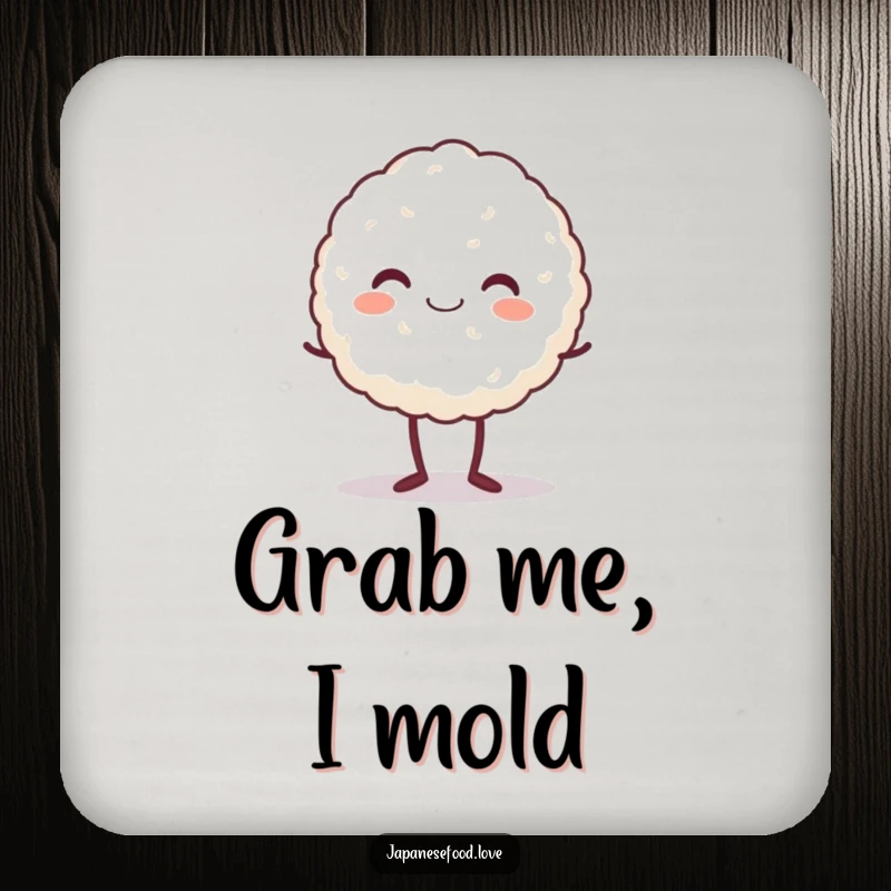 Funny drink coaster showcasing a beaming rice ball character standing on tiptoe, protecting surfaces with a cheerful smile.