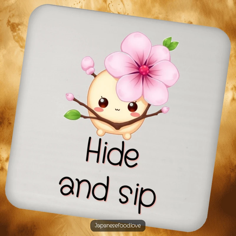Funny drink coaster with a shy mochi character, big eyes peeking from behind a cherry blossom, a cute and humorous illustration, ideal for a funny gift.