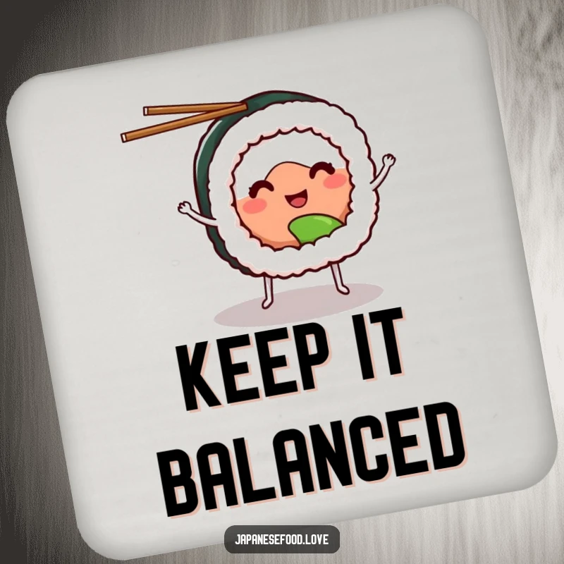 Funny sushi coasters showing a smiling sushi roll with tiny legs, juggling chopsticks, adding fun to drinks.