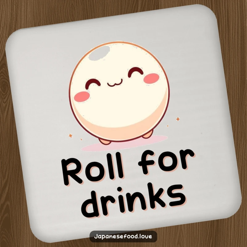 Funny drink coaster showing a giddy mochi ball joyfully rolling across a surface, protecting surfaces with humor.
