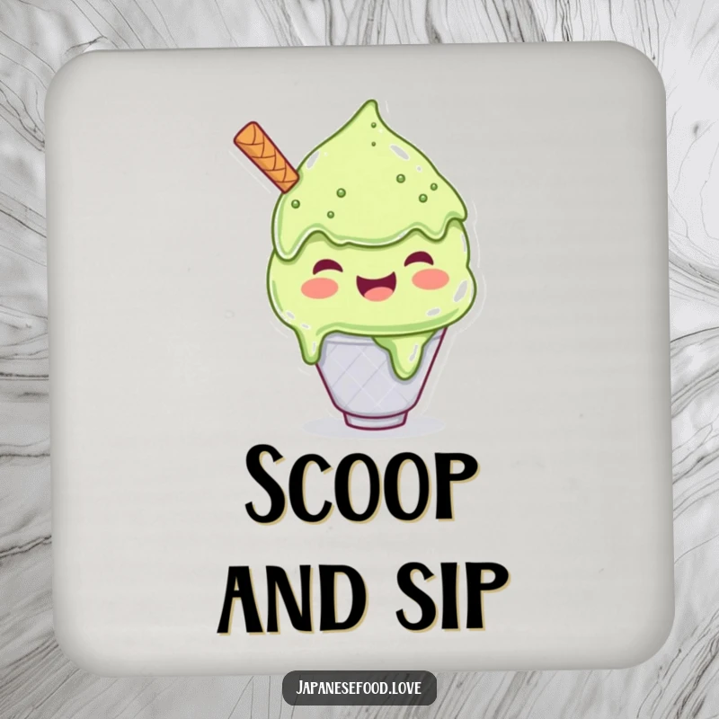Funny coaster set with a joyful matcha ice cream character scooping a huge serving, adding sweet protection to tables.