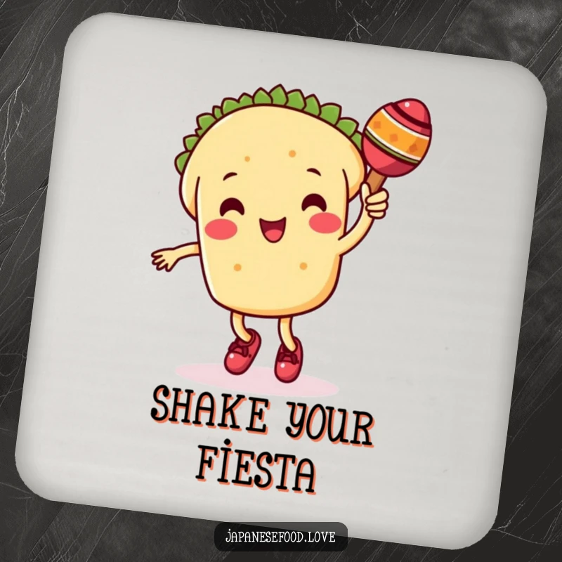 Funny set of 4 taco coasters featuring a cute taco character dancing with a maraca, protecting surfaces with festive fun.
