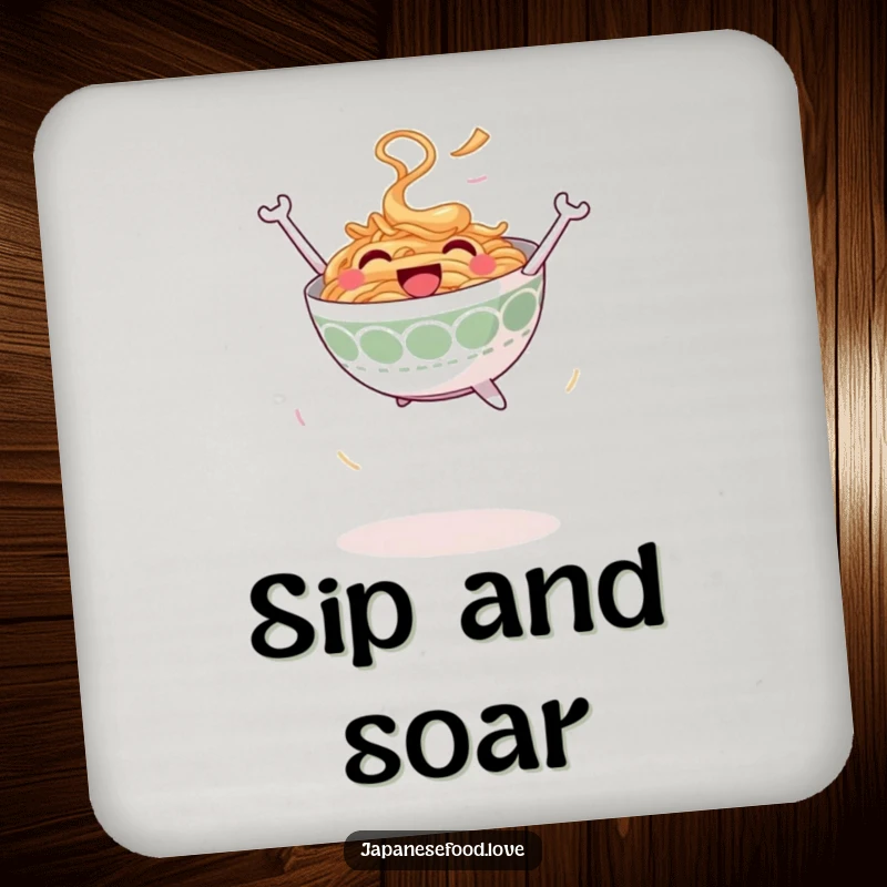 Funny Jumping Ramen Bowl Coaster: Smiling ramen bowl leaping joyfully into the air, drink protection, noodle humor, funny gift.