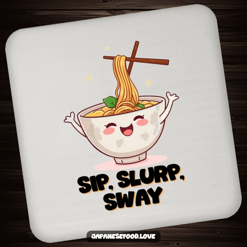 Funny drink coaster featuring a cheerful ramen bowl dancing with steam, a humorous food illustration, ideal for protecting surfaces and as a funny gift.