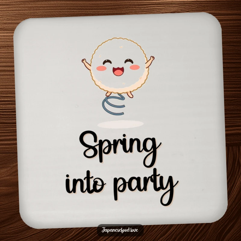Funny drink coaster showcasing a beaming rice ball character joyfully bouncing on a spring, protecting surfaces with humor.