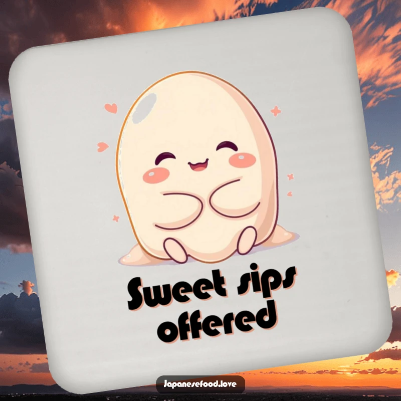 Funny drink coaster set depicting a happy, sweet mochi character melting into a gooey hug, providing surface protection with an adorable and affectionate theme.
