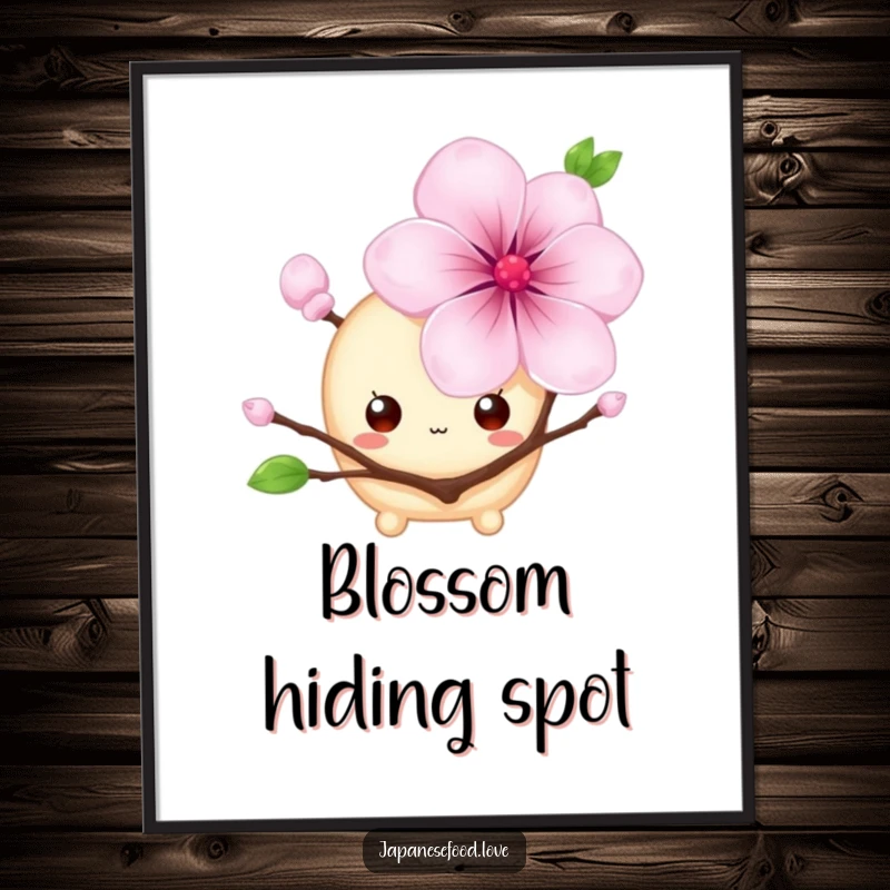 Funny poster print of a shy mochi with big eyes hiding behind a cherry blossom, a kawaii and humorous food character design, great for a funny gift.