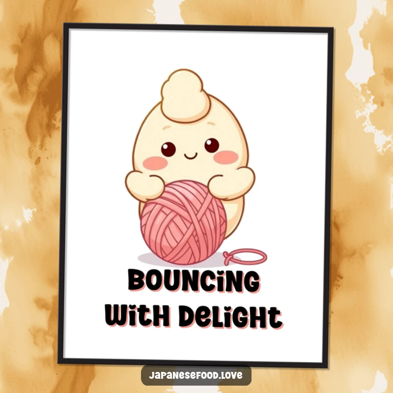 Funny poster art featuring a smiling dumpling character happily bouncing a colorful ball of yarn, full of cheerful energy.