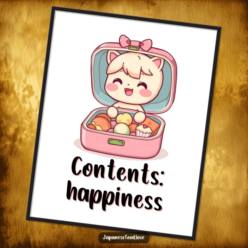 Funny Bento Box Poster: A happy bento box character joyfully revealing its mouth-watering tiny treats, adding humor to wall decor.