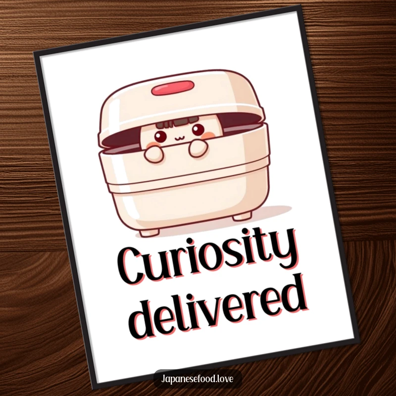 Funny cheerful bento box with lid ajar, peeking curiously on a poster, a whimsical food art print.