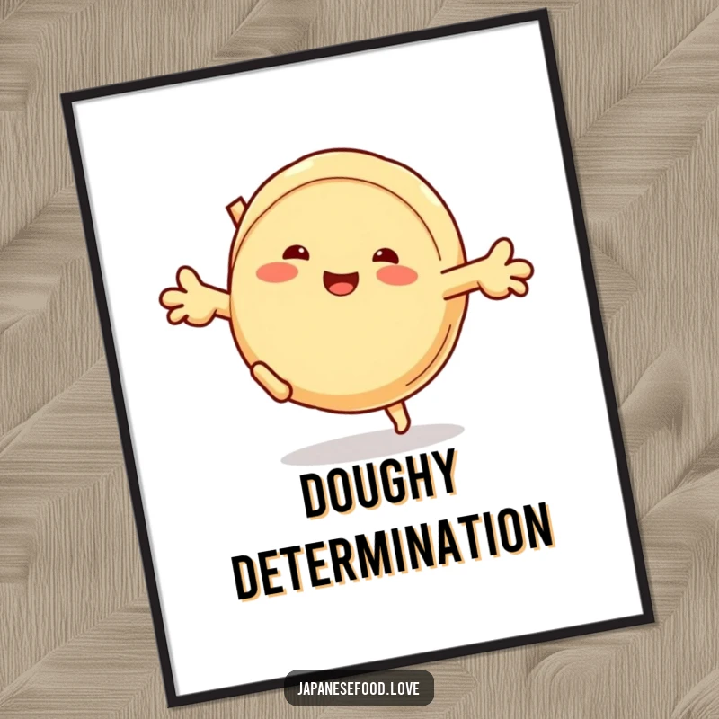 Funny poster displaying a grinning steamed bun character in the midst of an energetic cartwheel, full of doughy delight.
