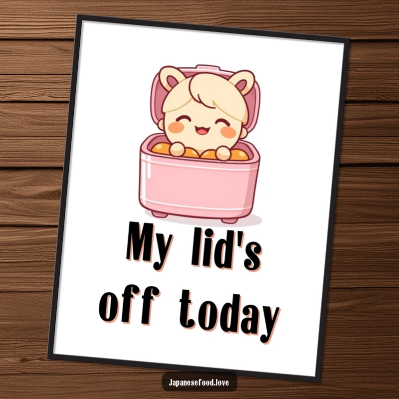 Funny poster of a smiling bento box character popping out of its lid with an expression of surprise, a food illustration.