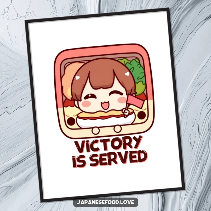 Funny poster art featuring a happy bento box character winking and holding a tiny flag, bringing cheer.