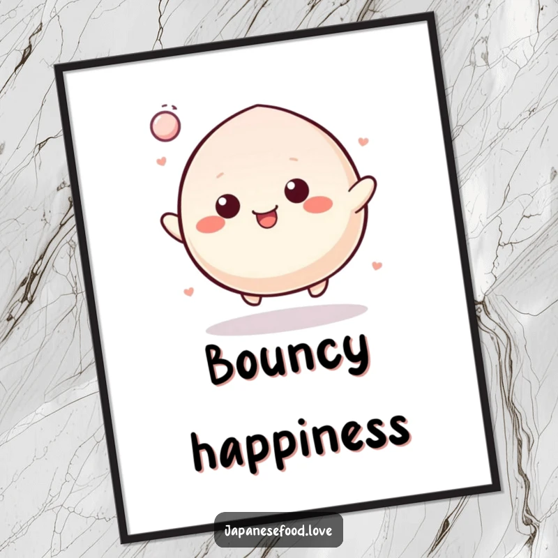 Funny Poster print of a cheerful mochi character bouncing energetically like a rubber ball, radiating pure joy and playful movement.