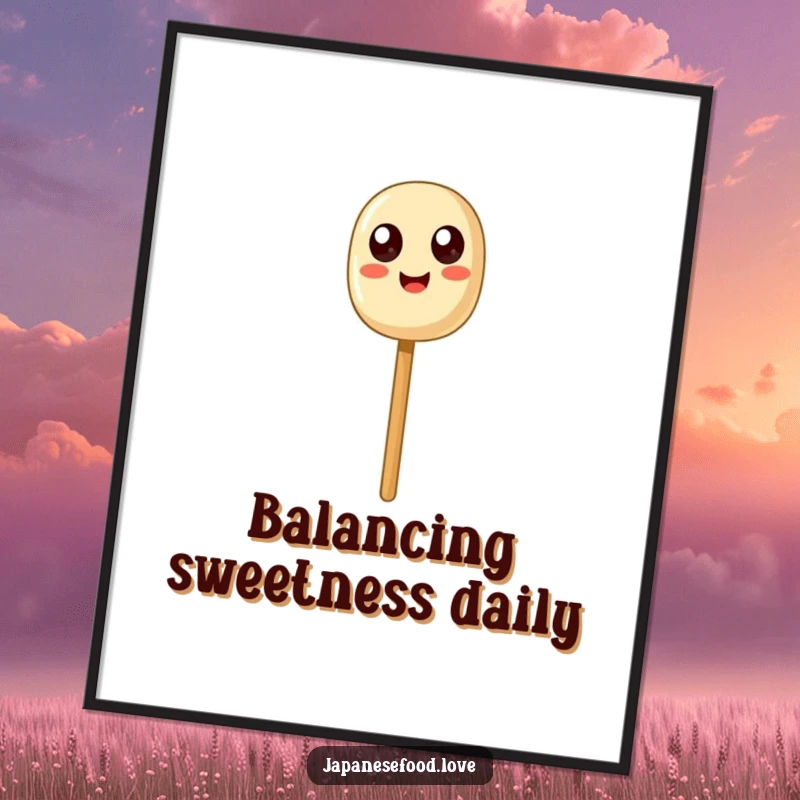 Funny Dango Balance Poster: A happy dango skewer with exaggerated eyes, humorously balancing on a chopstick.