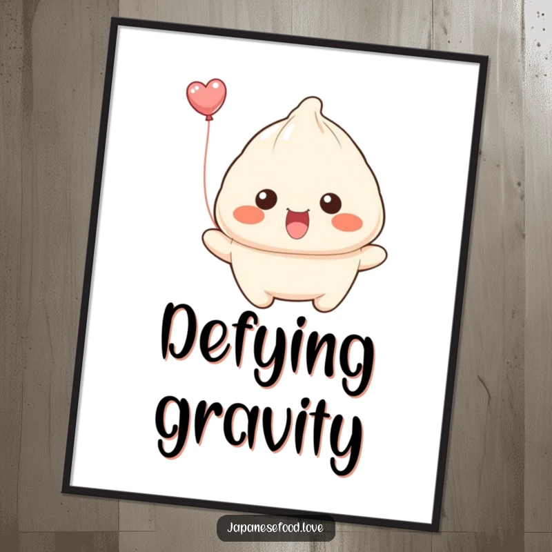 Funny dumpling with wide smile attempting to float away like a balloon on a poster, a whimsical and humorous art piece.