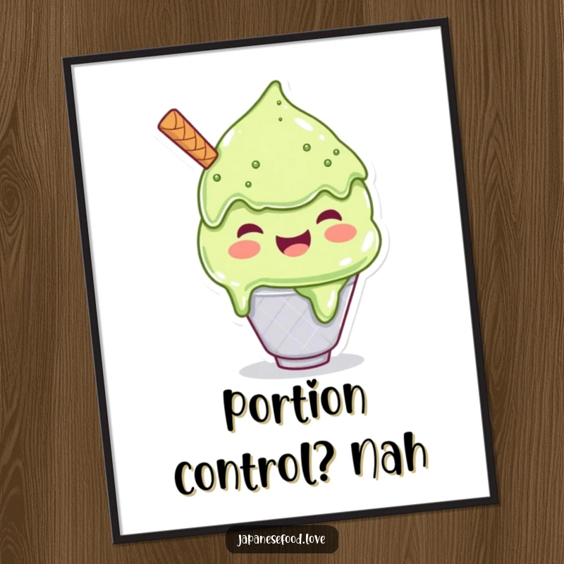 Funny poster art of a joyful matcha ice cream character scooping a massive amount, adding a touch of sweet indulgence to walls.