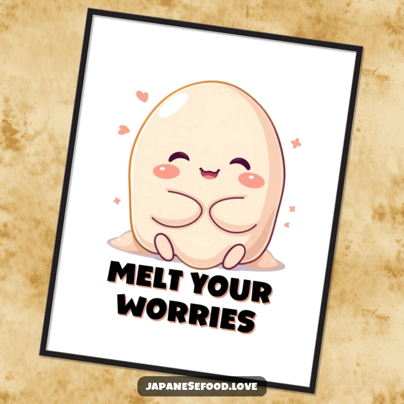 Funny poster depicting a happy, sweet mochi character melting into a soft, gooey hug, radiating warmth, comfort, and adorable charm.