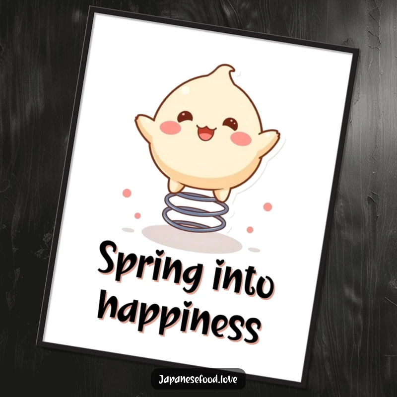 Funny poster featuring a delighted mochi character joyfully bouncing high on a spring, radiating pure, sweet happiness.