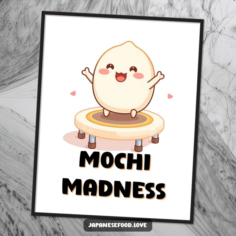 Funny Mochi Trampoline Poster: A smiling mochi bounces playfully on a trampoline made entirely of mochi.