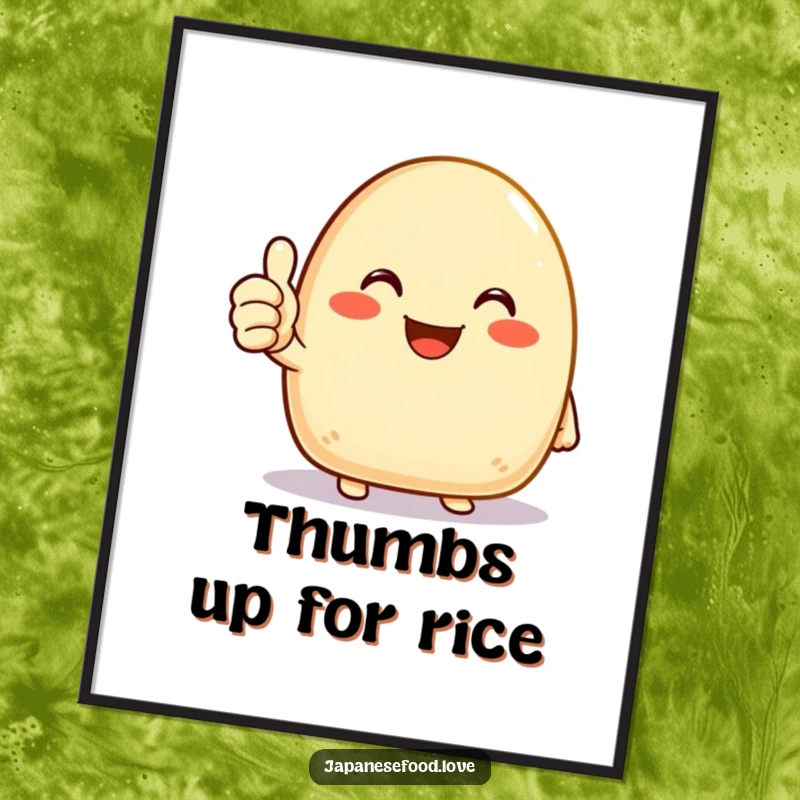 Funny poster of a joyous onigiri (rice ball) character giving a cheerful thumbs up, radiating positivity and good vibes.