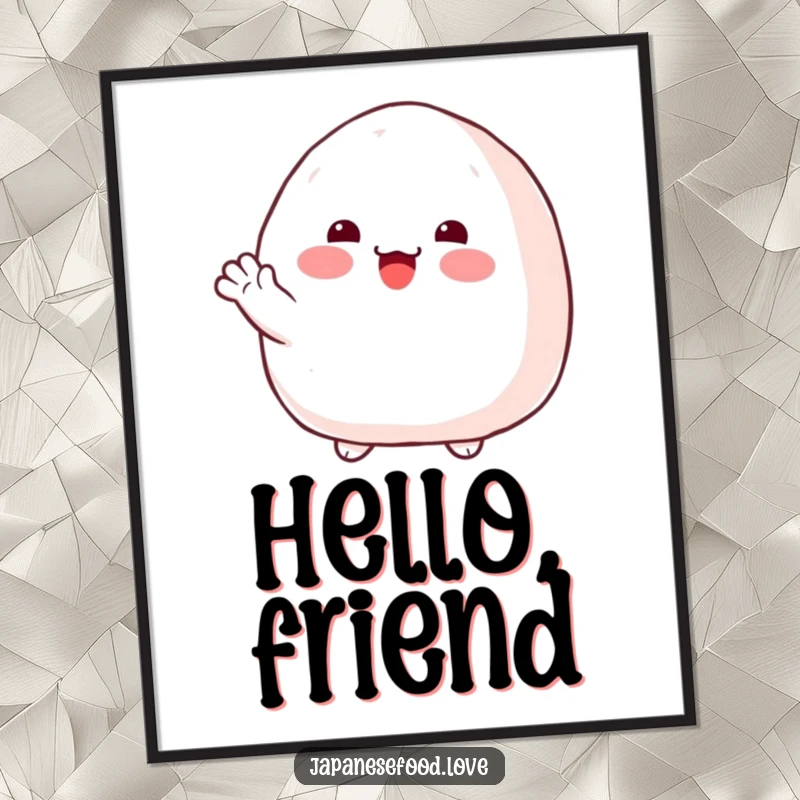 Funny onigiri poster showing a plump rice ball with rosy cheeks, offering a cheerful and friendly wave.