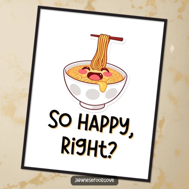 Funny poster art of a joyful ramen bowl with a smiley face doing a happy bounce, bringing cheerful energy.
