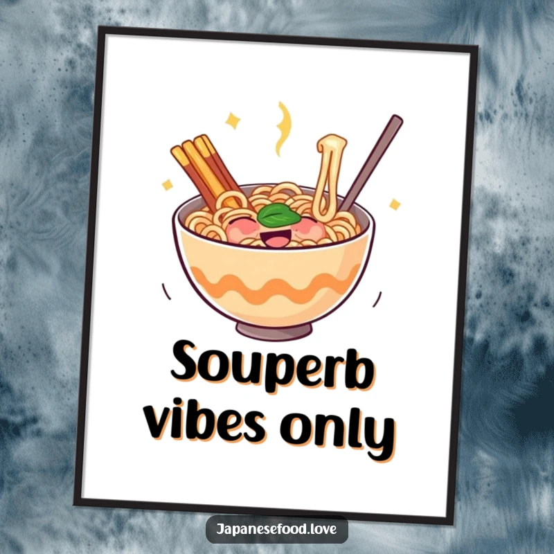 Funny poster of a bouncing bowl of ramen noodles filled with pure glee, radiating warmth, comfort, and cheerful vibes.