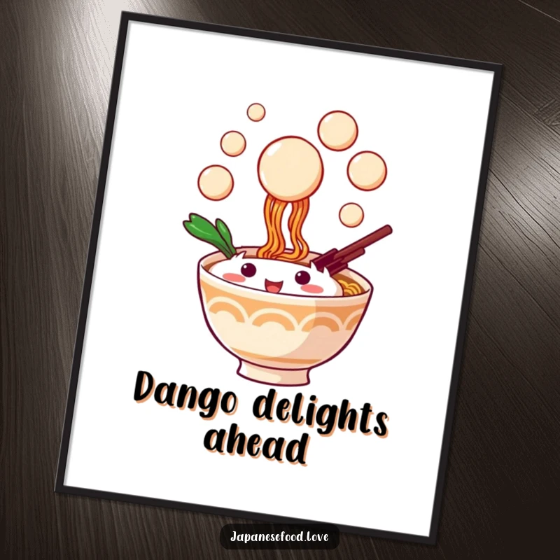 Funny poster featuring an energetic ramen bowl character trying to catch dango balls, perfect for playful decor.