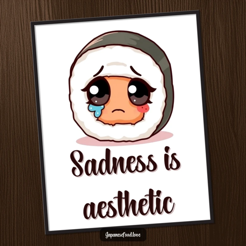 Funny sad cute sushi roll with giant eye wiping a tear on a poster, a humorous and endearing piece of art.