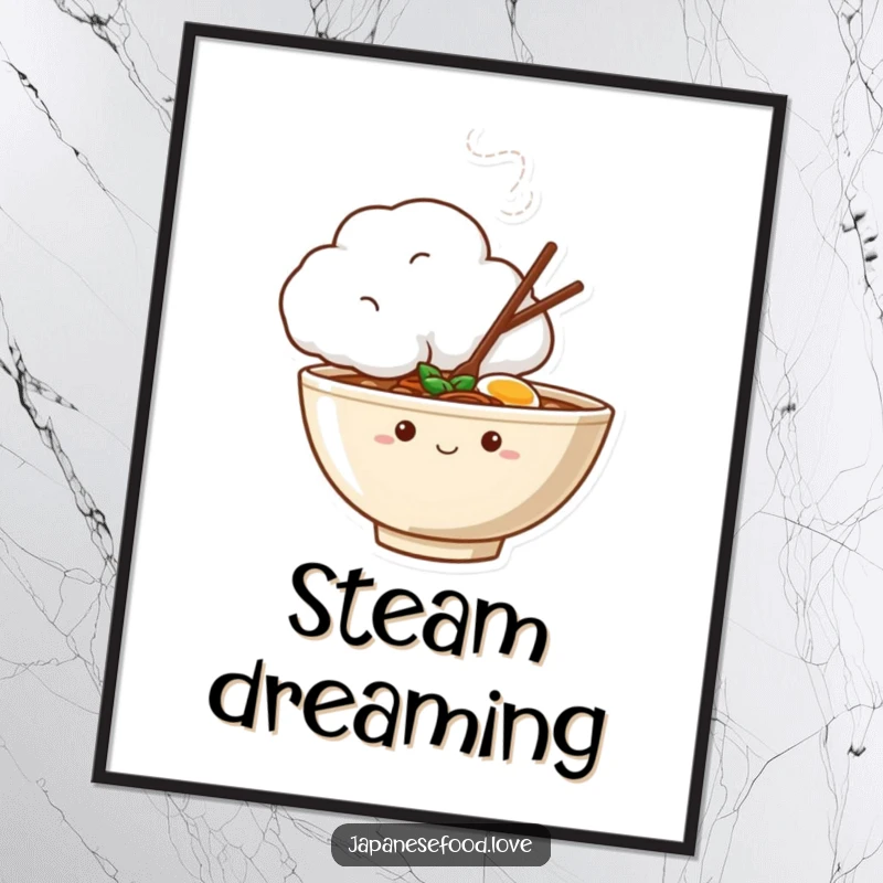 Funny poster of a shy ramen bowl curiously peeking out from behind a large, steaming cloud, conveying bashfulness.