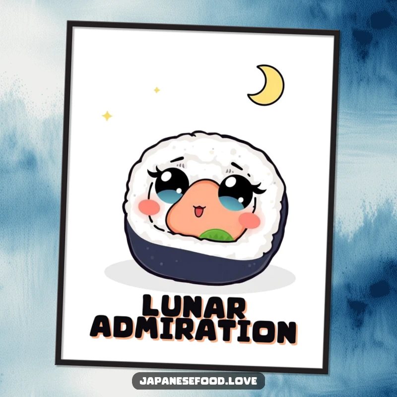 Funny poster of a sushi roll with wide, mesmerized eyes, looking up at a bright, enchanting moon in a starry night sky, evoking a sense of wonder.