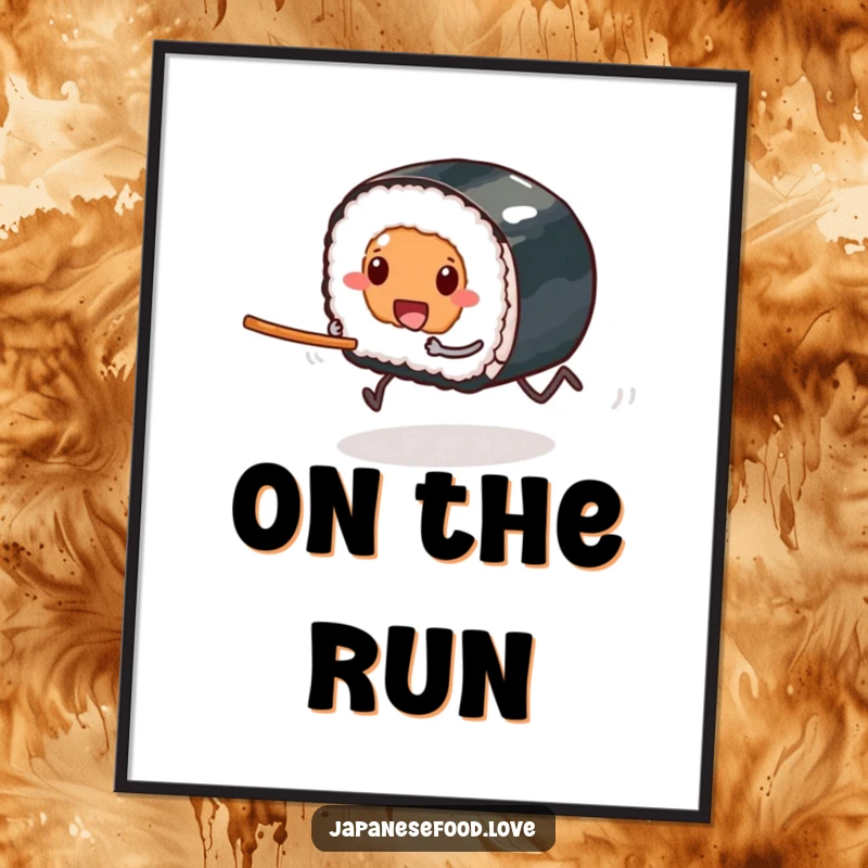 Funny poster art of a sushi piece with tiny legs comically racing towards a chopstick, capturing a hilarious moment of culinary pursuit.