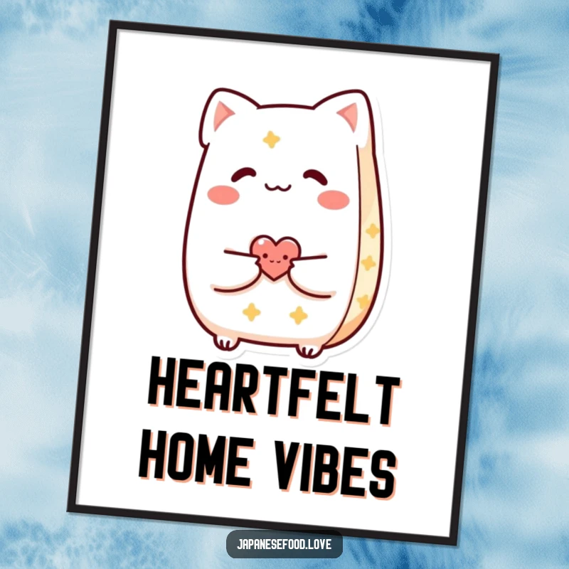 Funny Taiyaki poster featuring a smiling pastry character sharing a tiny heart with a friend, creating a heartwarming scene.