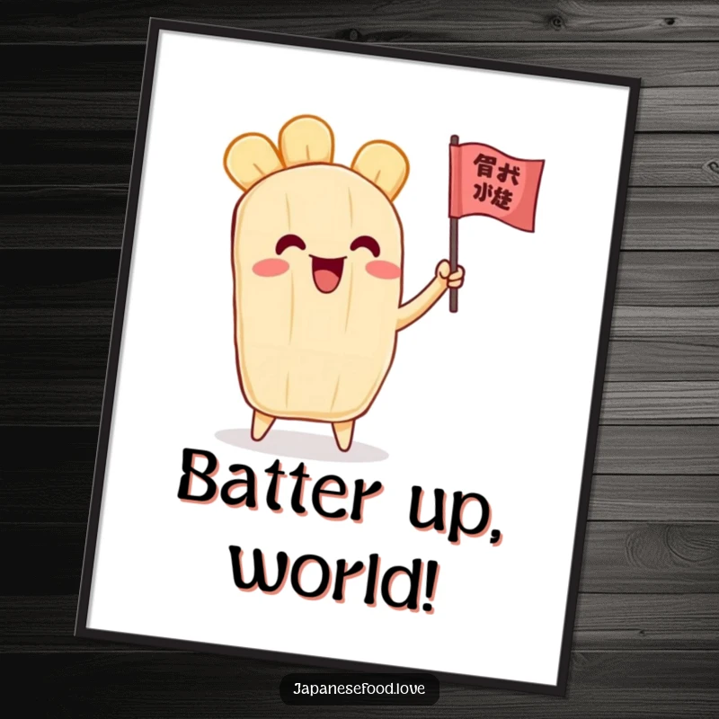 Funny poster art of an exultant tempura character gleefully waving a small flag, adding a burst of fun to any wall decor.