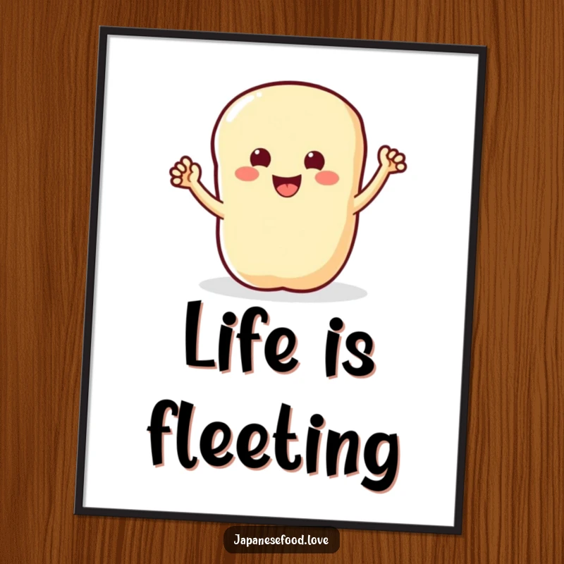 Funny poster art of a smiling tempura piece with tiny arms waving energetically, bringing delicious cheer to any space.