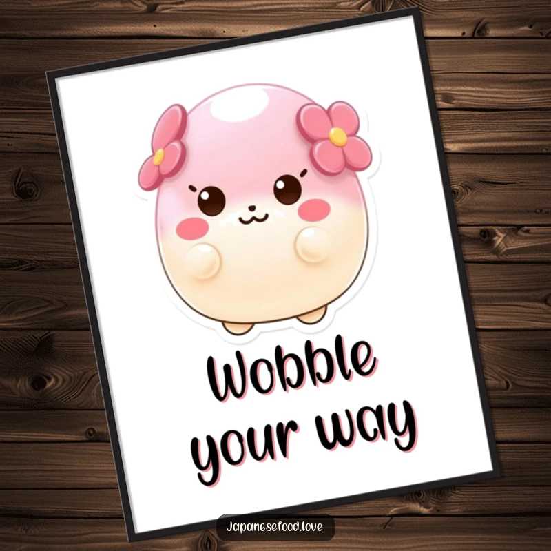 Funny poster print of a wobbly sakura mochi character wobbling with sheer delight, adding a touch of sweet charm to any wall.