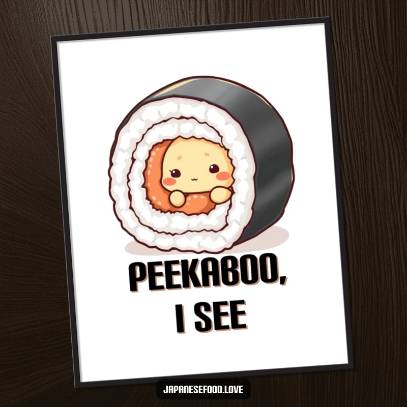 Funny poster art of a shy tempura piece hiding behind a large sushi roll, adding humor to any room.