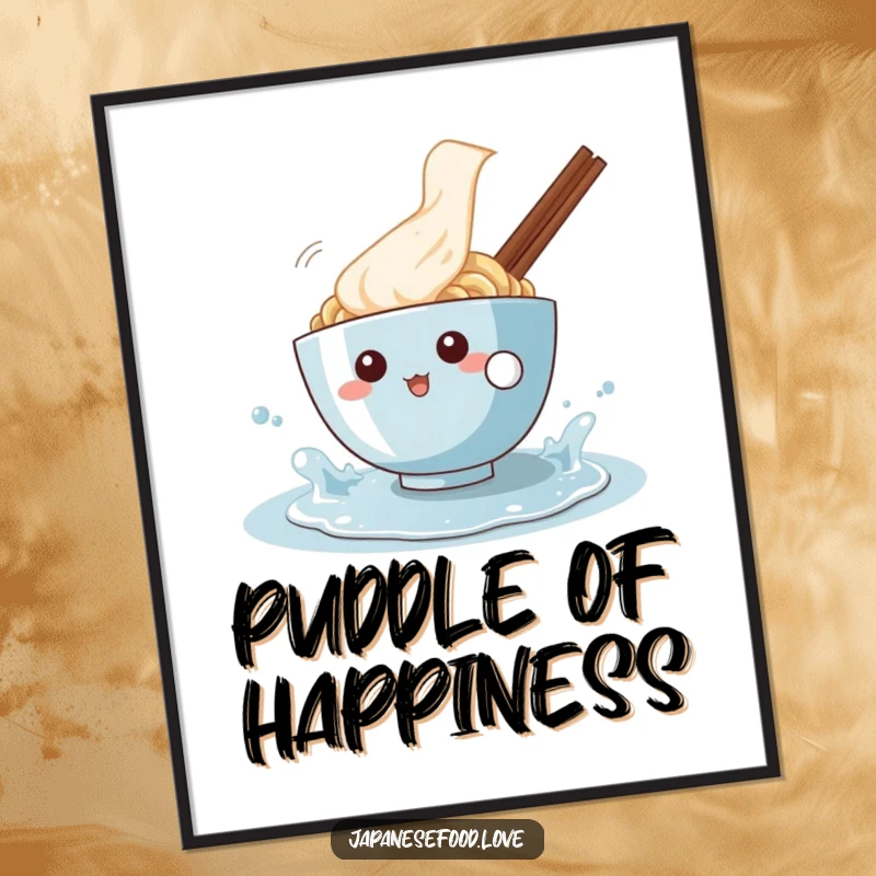 Funny poster art of a ramen bowl character gleefully splashing in a puddle, adding a splash of fun to wall decor.