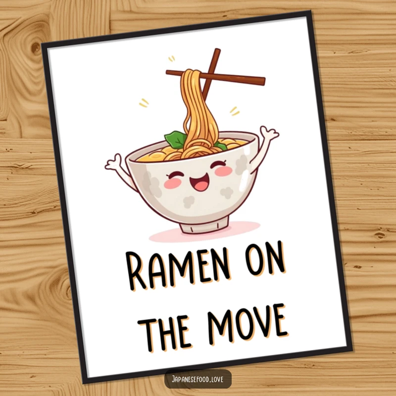 Funny poster print of a cheerful ramen bowl dancing with steam, a humorous food illustration, perfect for kitchen decor and as a funny gift.