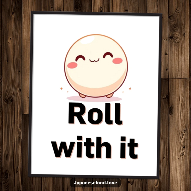 Funny poster of a giddy mochi ball joyfully rolling across a surface, embodying pure delight and carefree energy.