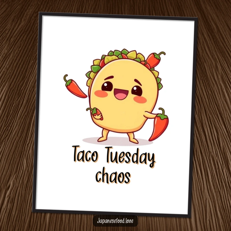 Funny poster art of a smiling taco awkwardly juggling three chili peppers, creating a comical and colorful food-themed display.