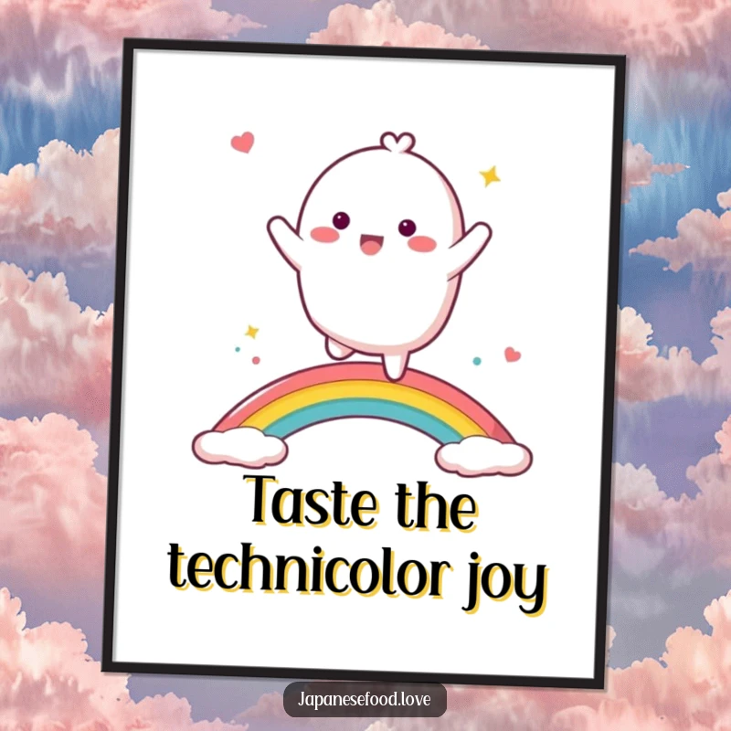 Funny mochi character in mid-dance on a psychedelic rainbow, lively and humorous wall art.