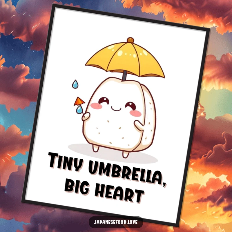 Funny onigiri character smiling kindly, holding a miniature umbrella over a tiny raindrop, wall art poster.