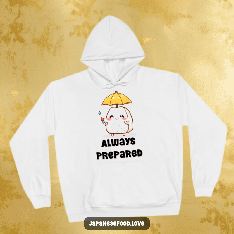 Funny onigiri character smiling, holding an umbrella over a tiny raindrop, cozy hoodie design for rainy day comfort.