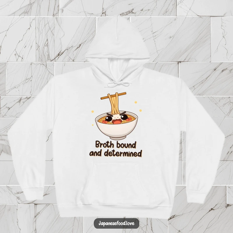 Funny Ramen Dive Hoodie: A cute, determined ramen bowl attempting a dive, embodying a funny spirit of adventure.