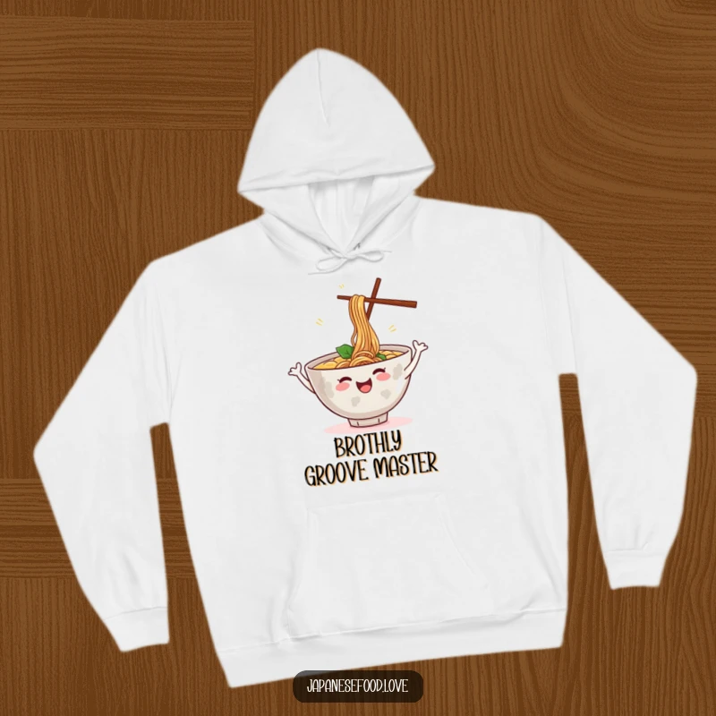 Funny hoodie showcasing a cheerful ramen bowl dancing with steam, a whimsical and humorous food character design, great for a funny gift.