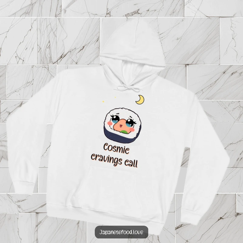 Funny hoodie with a cute sushi roll, its eyes wide with wonder, gazing up at a beautiful, luminous moon, embodying a sense of peaceful awe.