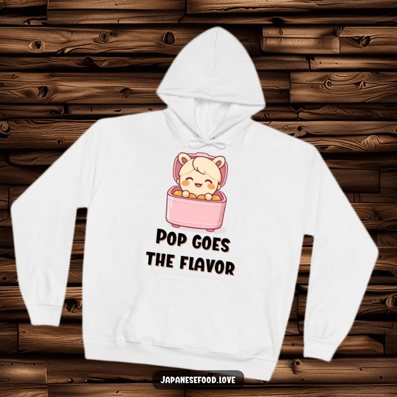 Funny hoodie featuring a smiling bento box character popping out of its lid with an expression of comical surprise.