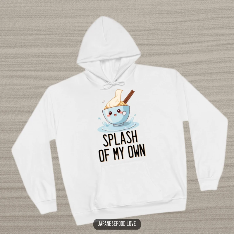 Funny hoodie featuring a joyful ramen bowl character playfully splashing in a puddle, ideal for cozy, fun-filled moments.